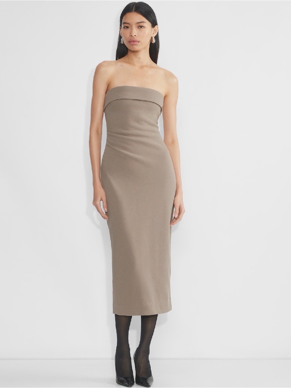 Aritzia Babaton FigureKnit Taupe Tan Eyecatcher Strapless Pencil Midi Dress